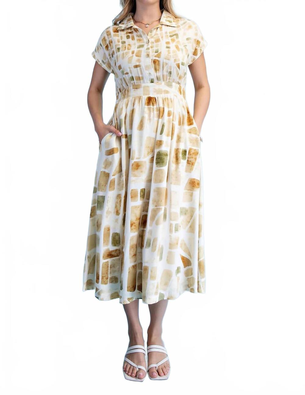 NEW GIGIO neutral tile print midi dress in beige